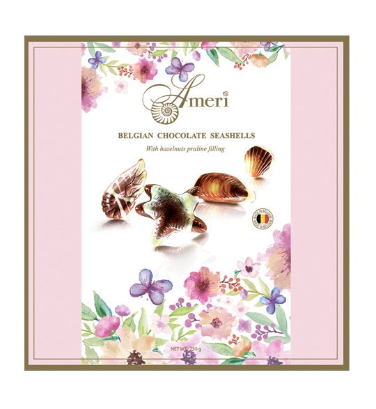 Ameri Шоколадные конфеты-ракушки с начинкой пралине розовая упаковка с весенним конвертом