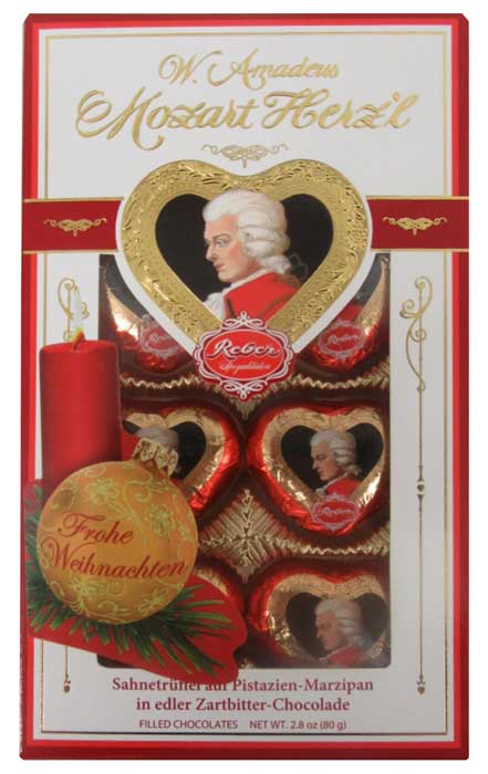Reber Herz’l Dark heart chocolate with marzipan filling in Christmas foil