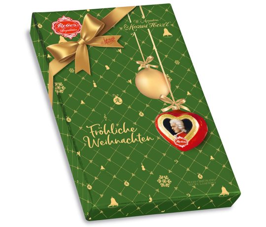 Reber Конфеты сердечки из горького шоколада с марципановой начинкой в новогодней упаковке