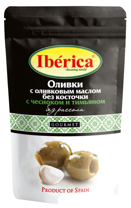 Iberica Оливки с оливковым маслом, чесноком и тимьяном без косточки (без рассола)