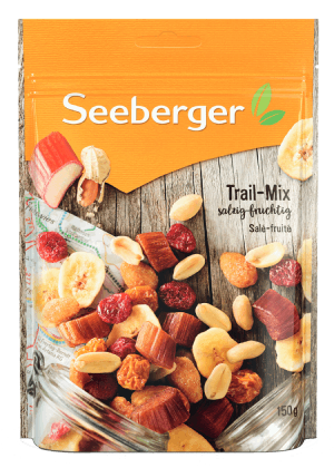 Seeberger Смесь обжаренных орехов и соленого арахиса, сушеных сладких ягод, ревеня и банановых чипсов