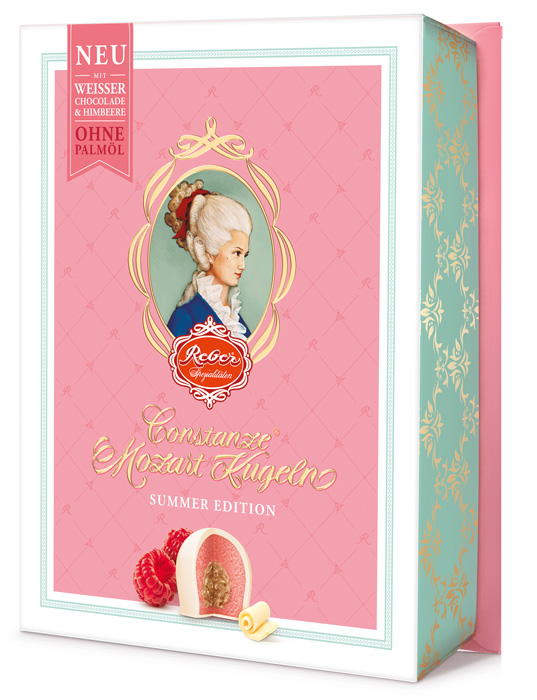 Reber White Constanze Mozart Kugel exclusively filled with raspberry-marzipan and hazelnut-praline covered with white chocolate