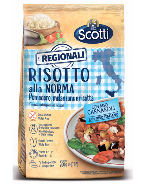 Riso Scotti «Risotto alla Norma» Risotto with tomatoes, eggplant and Ricotta cheese
