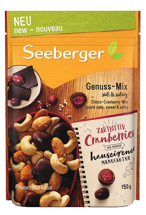 Seeberger Смесь обжаренных ядер кешью, сушеной клюквы в темном шоколаде, сладких и соленых ядер миндаля