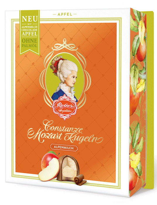 Reber Constanze Mozart-Kugel Bitter sweet chocolate and milk chocolates filled with hazelnut-praline marzipan, with apple