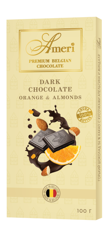 Ameri Горький шоколад 56 % с кусочками апельсина и миндаля