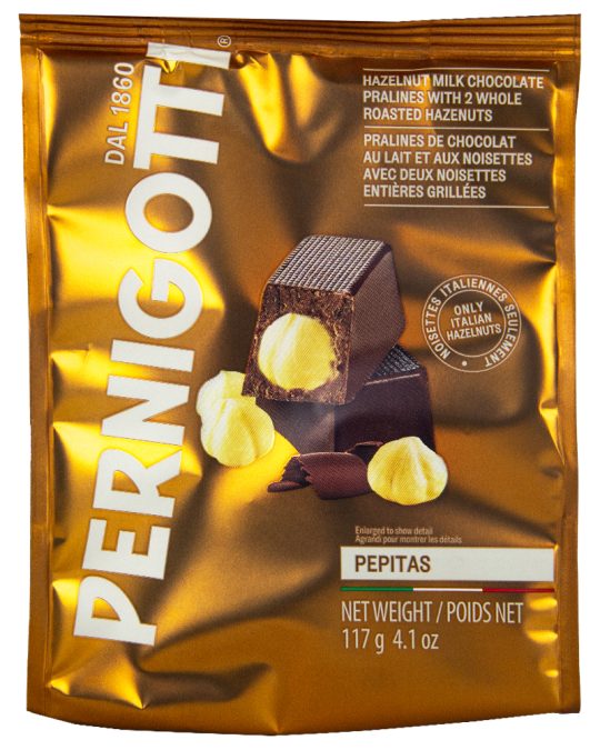 Pernigotti Gianduia nut milk chocolate pralines with whole roasted hazelnuts «Pepitas»